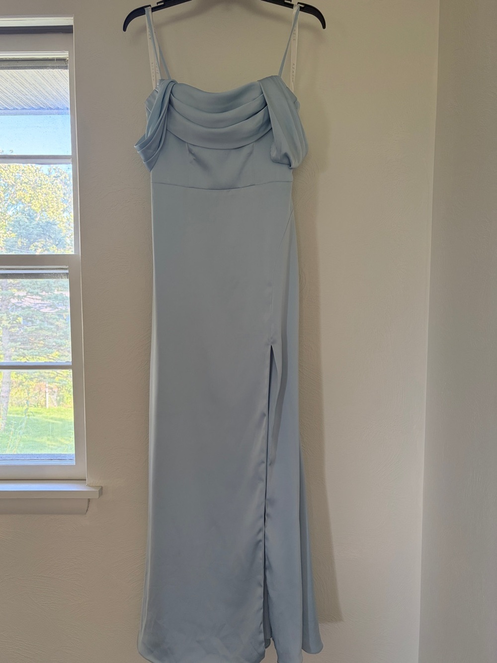 Azazie Saige Sky Blue Off the shoulder dress satin